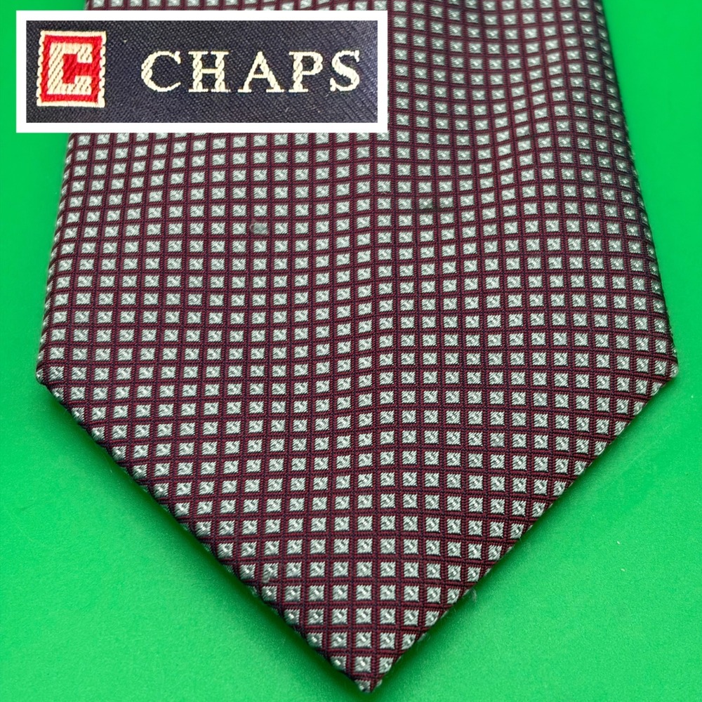 Chaps 100% Silk Necktie Mens 58" Classic Red Micro Square Geometric Handmade Tie